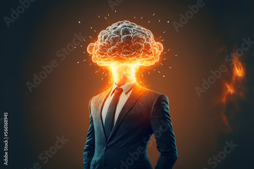 Man in a business suit with a blown head. The concept of mental overload, busyness, stress at work, brain drain. Generative AI technology.
