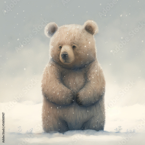 Bear cartoon, funny cartoon, bear character, bear in winter, snow bear. Isolated background. Illustration. Generative AI