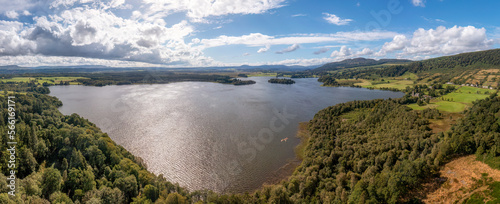 Aerial shot of Menteith Lake, Loch Lomond and The Trossachs National Park, Stirling, Scotland