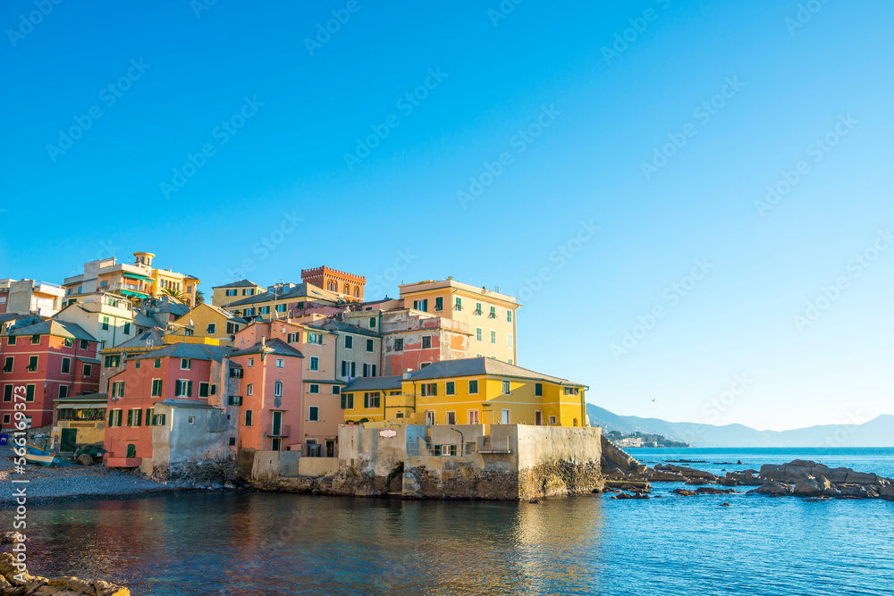 Boccadasse in a Sunny Day and Mediterranean Sea in Genoa, Liguria in Italy.