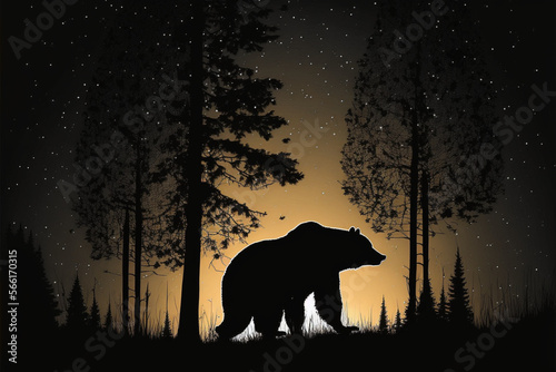 Bear silhouette, sunset and sunrise. Illustration. Generative AI