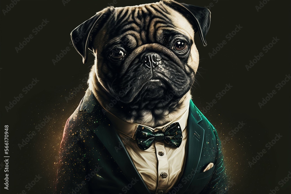 Portrait of a pug dog dressed in a formal business suit, generative AI