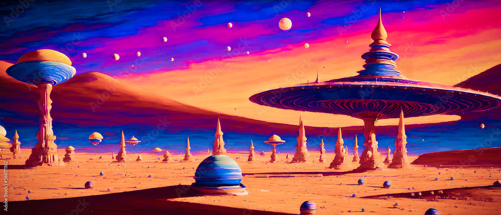 The painting depicts a futuristic, extraterrestrial landscape, showcasing an alien world. Generative AI