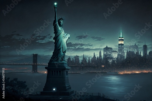 A view of the Statue of Liberty, with its torch illuminated, illustration, Ai generative © Digital Dreamscape