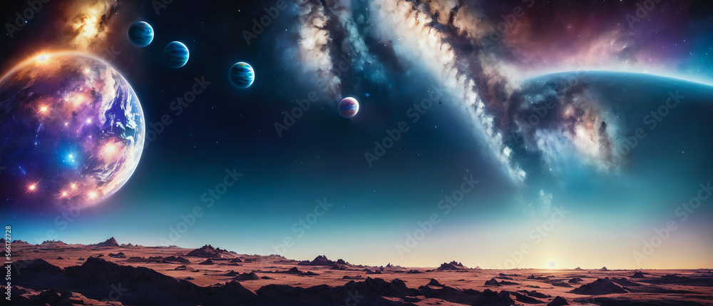 A stunning view of a planet amidst the vast universe and twinkling stars, with the Milky Way in the background. Generative AI A stunning view of a planet amidst the vast universe and twinkling stars, with the Milky Way in the background. Generative AI