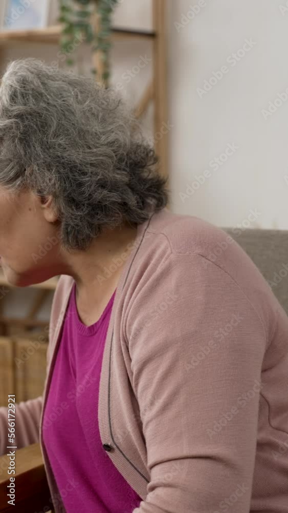 Vertical Screen: korean grey haired grandma answering scam call from a stranger is feeling shocked at the bad news over the mobile phone in the living room at home Vertical Screen: korean grey haired grandma answering scam call from a stranger is feeling shocked at the bad news over the mobile phone in the living room at home