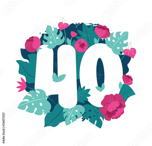 The mint 40 number with flowers peony and monstera