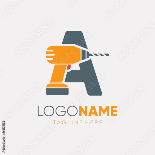 Letter A Hand Drill Machine Logo Design Vector Icon Graphic Emblem Illustration