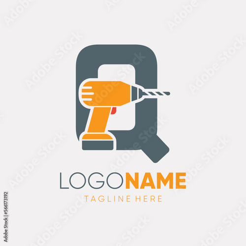 Letter Q Hand Drill Machine Logo Design Vector Icon Graphic Emblem Illustration