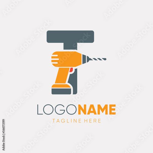 Letter T Hand Drill Machine Logo Design Vector Icon Graphic Emblem Illustration