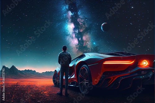 A man standing next to a super sports car staring into a starry night sky filled with stars and distant planets, cyberpunk concept art - generative ai