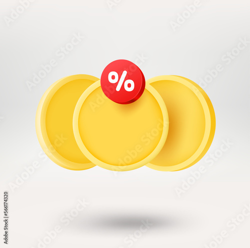 Stack of coins with a discountt label. 3d vector icon isolated on white background