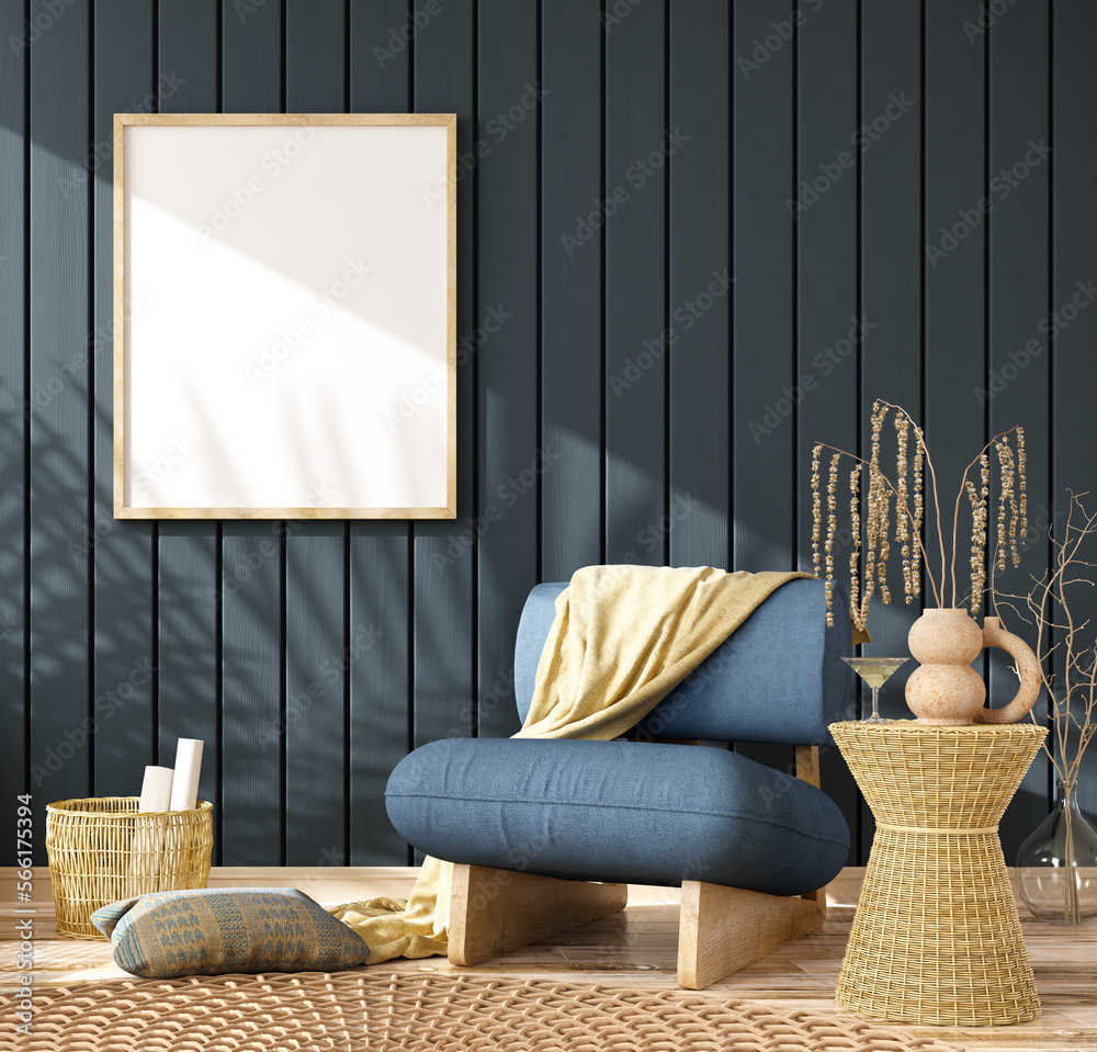 Interior design of living room with blue armchair. Rattan furniture in