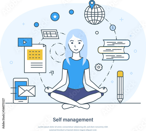 Self management, personal development and professional growth concept. Time management, motivation, productivity, effective job planning thin line design of vector doodles