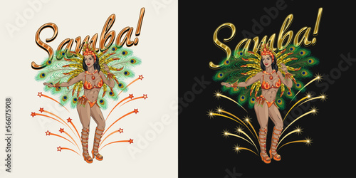Label with hot brazilian samba female dancer in full growth, golden stars, sparks flying from under the feet. Carnival latino girl wearing shiny festival costume with colorful feathers.