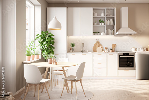 Interior design, cheerful studio apartment in the Scandinavian style. Modern kitchen and fashionable furniture, Generative AI © Naseem