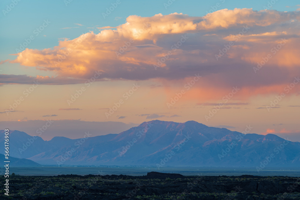 Vast landscape of Craters of the Moon National Monument and Preserve near Arco, Idaho at sunset
