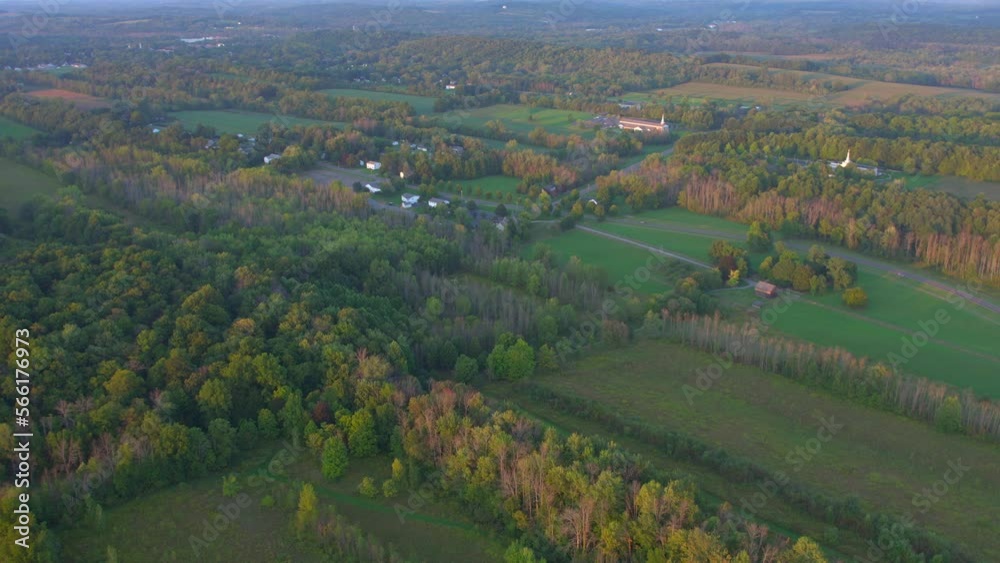 Drone Full view of all the historic sites near the Joseph Smith family farm, frame house, temple, visitors center, sacred grove in Palmyra New York Origin locations for the the book of Mormon. Drone Full view of all the historic sites near the Joseph Smith family farm, frame house, temple, visitors center, sacred grove in Palmyra New York Origin locations for the the book of Mormon.
