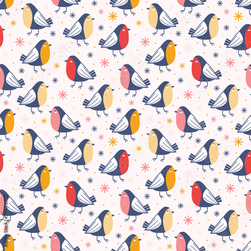 Seamless winter pattern. Little birds among snowflakes and snow on pink background. Titmouse and bullfinches. Hand drawn vector flat illustration for design wallpaper, packaging, wrapping paper. © Catrin1309