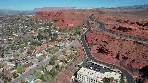 St. George, Utah USA. Traffic on Red Hills Above Cityscape, Drone Shot photo