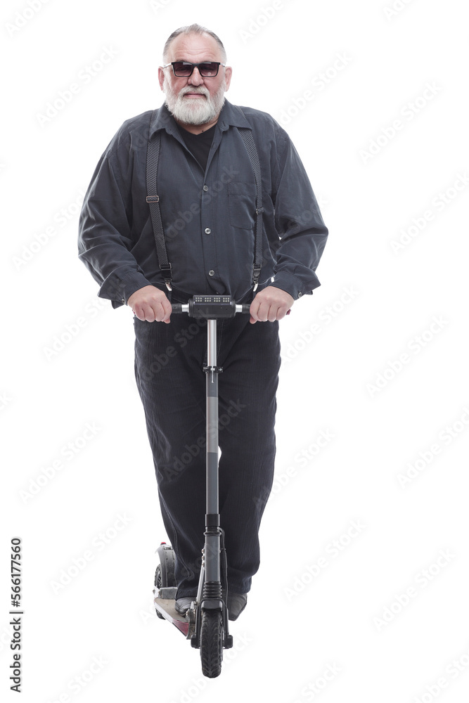 elderly man standing on electric scooter. isolated on a white elderly man standing on electric scooter. isolated on a white