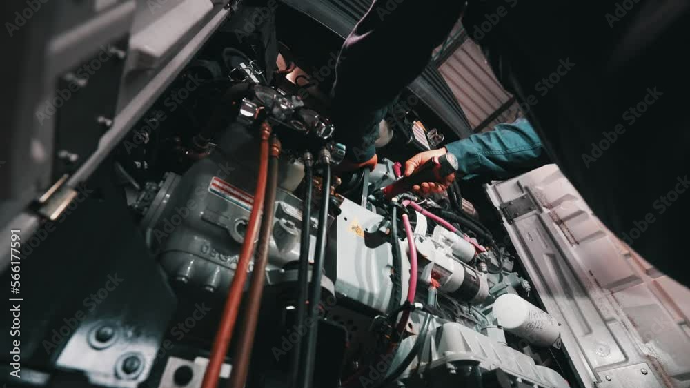 Vidéo Stock mechanic working on a reefer trailer, inserting an cordless