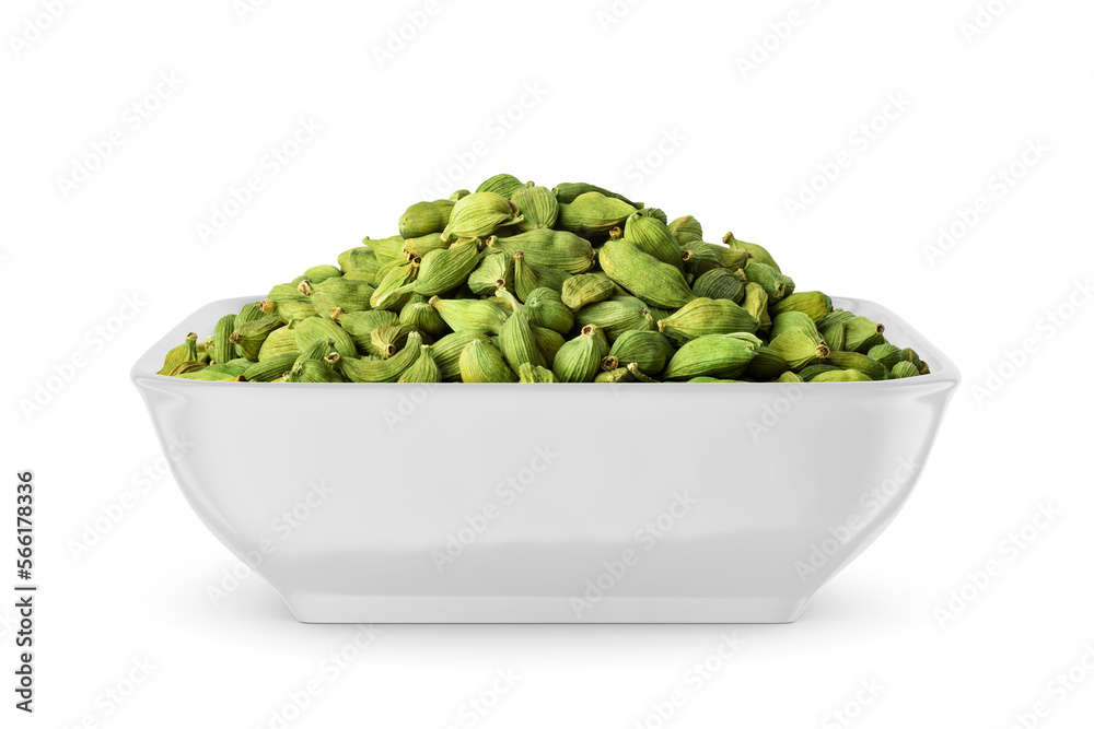 Cardamom pods in white bowl isolated on white. Side view. Cardamom pods in white bowl isolated on white. Side view.