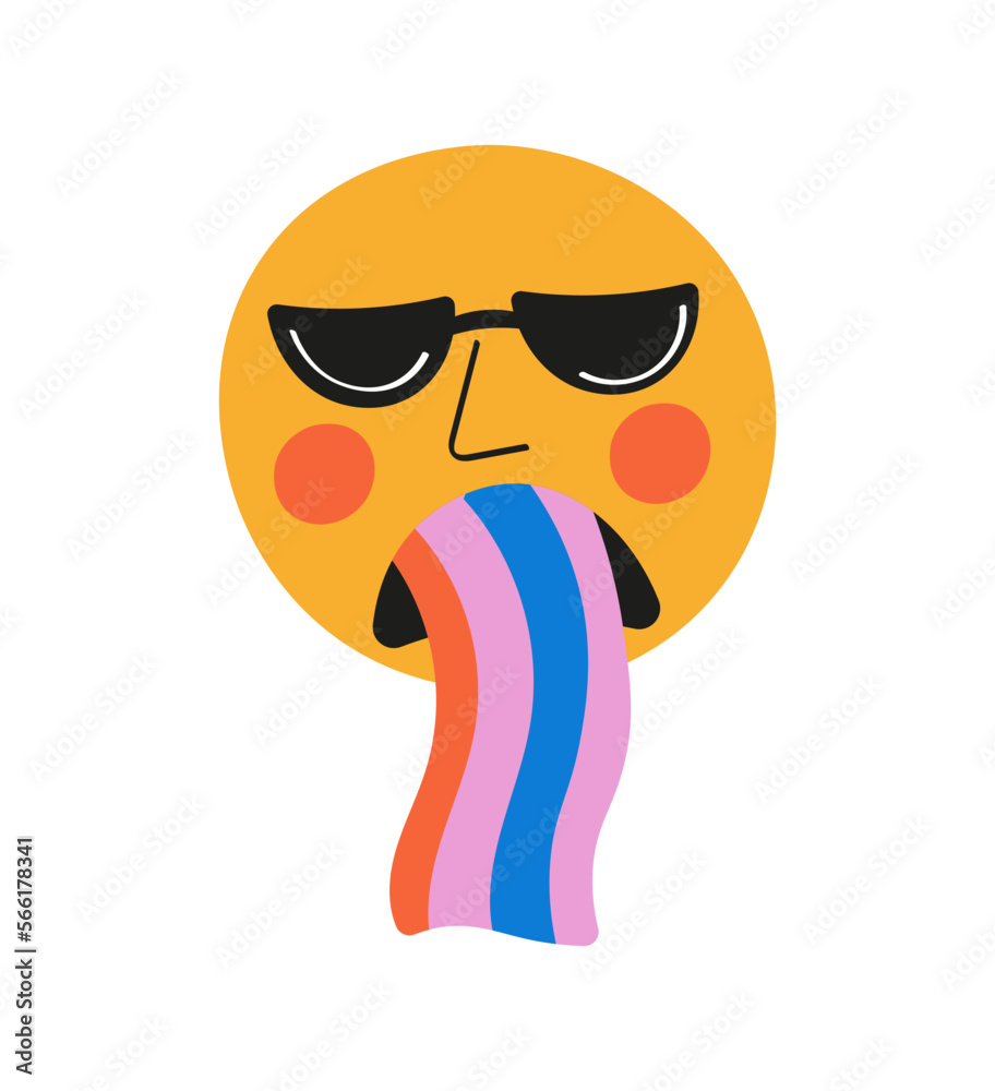 Smiley, emoticon with rainbow . Yellow face with emotions. Facial expression. Funny cartoon character.Mood. Web icon. Vector illustration isolated on white background.	