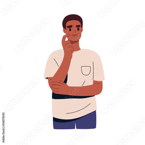 Pensive thoughtful black man in trouble doubting, thinking. Puzzled worried person pondering, wondering. Tension, anxiety face expression. Flat vector illustration isolated on white background