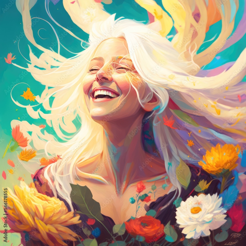 Colorful painting of a happy woman with white hair surrounded by nature, flowers and leaves in sunlight and blue sky. Created with generative AI. Colorful painting of a happy woman with white hair surrounded by nature, flowers and leaves in sunlight and blue sky. Created with generative AI.