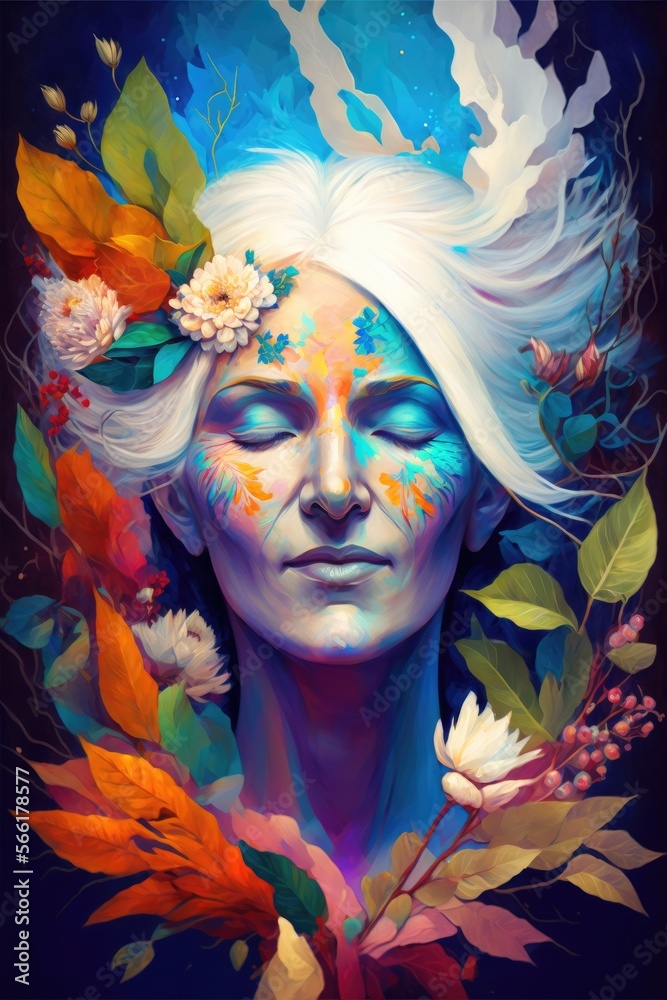 Colorful creative illustration  of a beautiful dreaming woman with leafs and flowers. Created with generative AI