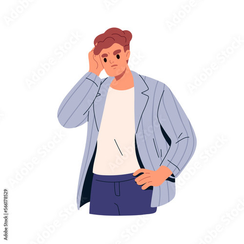 Pensive thoughtful man doubting, worrying, thinking. Puzzled troubled confused person scratching head. Perplexed anxious guy in difficulty. Flat vector illustration isolated on white background