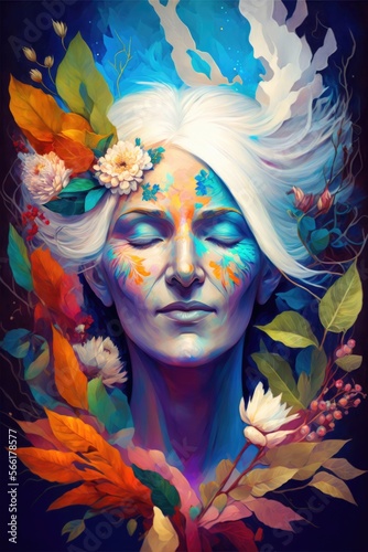 Colorful creative illustration of a beautiful dreaming woman with leafs and flowers. Created with generative AI