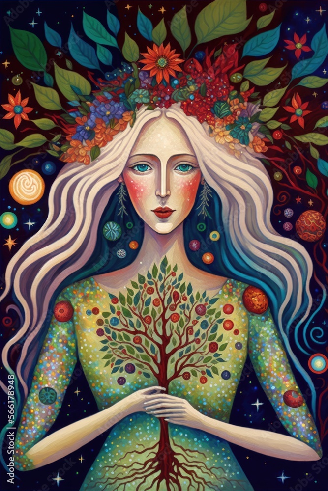 Detailed painting of a woman holding a tree in colorful nature. Goddess ...