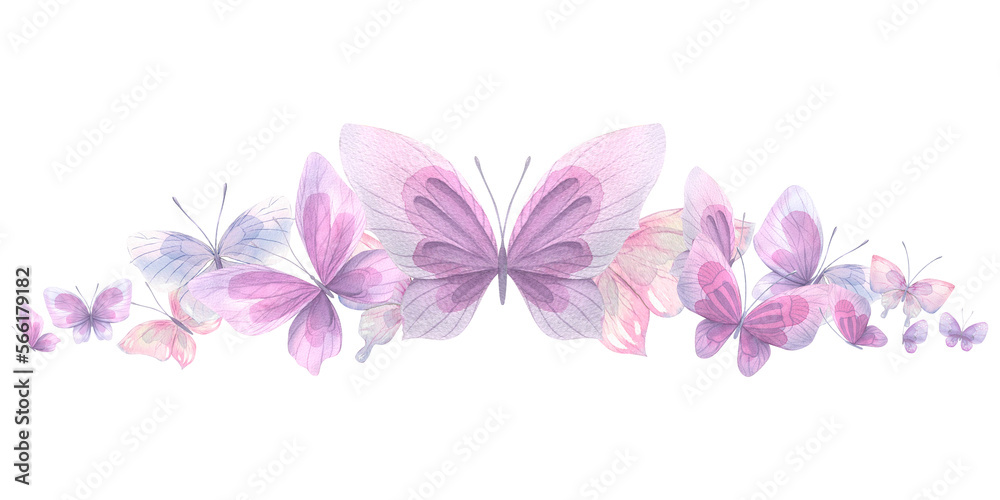 Lilac, pink and blue butterflies. Watercolor illustration. Composition from the collection of CATS AND BUTTERFLIES. For the design and decoration of prints, postcards, posters.