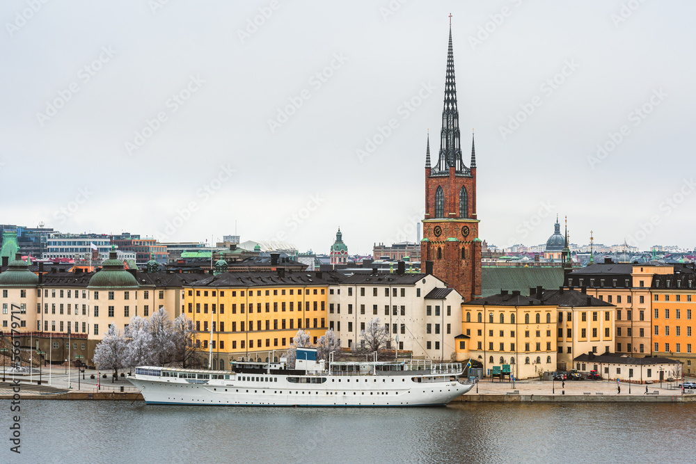 Stockholm, Sweden's capital city landscape. View of Riddarholmen district in winter