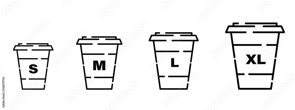 Coffee cup size range. Paper coffee cups of s, m, l and xl sizes. Coffee shop concept Coffee cup size range. Paper coffee cups of s, m, l and xl sizes. Coffee shop concept
