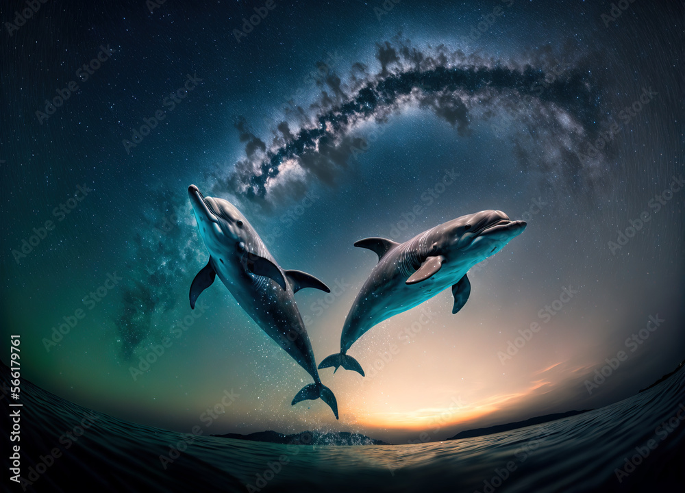 Obraz premium Dolphin couple jumping in ocean at night. Generative AI