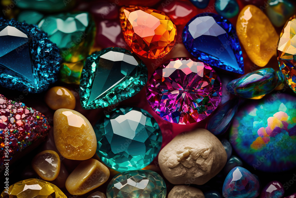 Jewels, mineral gems and crystals close-up background. Generative AI