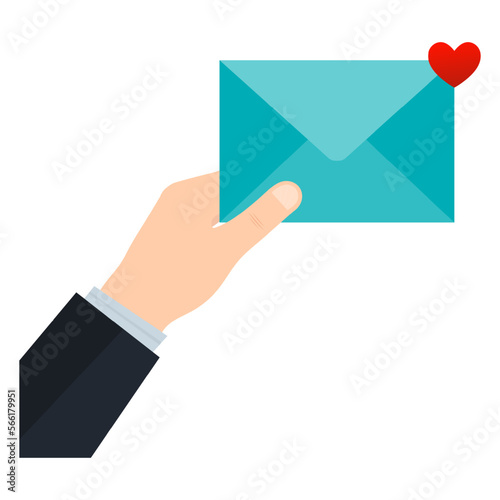 Love letter in a man's hand. A man holding the valentines day postcard. An envelope with a heart. Valentines day. Romantic gift. Vector illustration