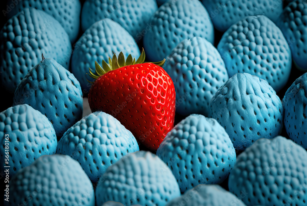 Red strawberry among blue strawberries, different and unique. Generative AI Red strawberry among blue strawberries, different and unique. Generative AI