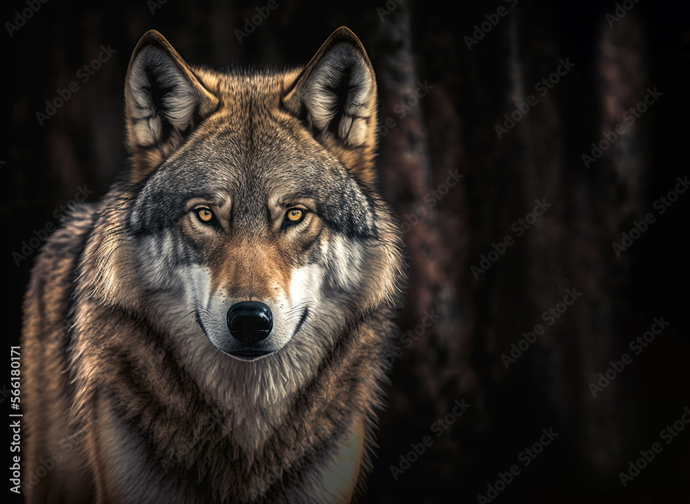 Grey wolf portrait with copy-space, generative AI - obrazy, fototapety, plakaty 