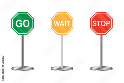 Go, wait, and stop road sings. Warning road sings. Traffic control signs. Red "stop" octagon, green "go" octagon