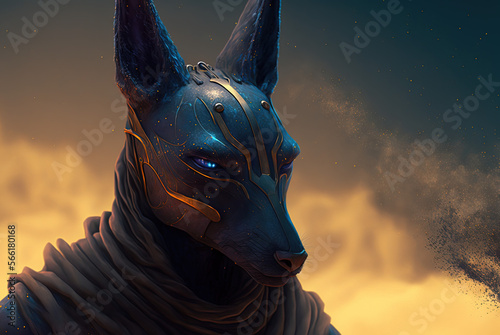 Portrait of an anubis on the background of the desert. Generative AI.