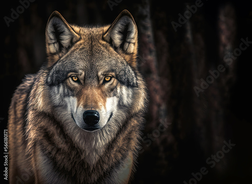 Grey wolf portrait with copy-space, generative AI photo