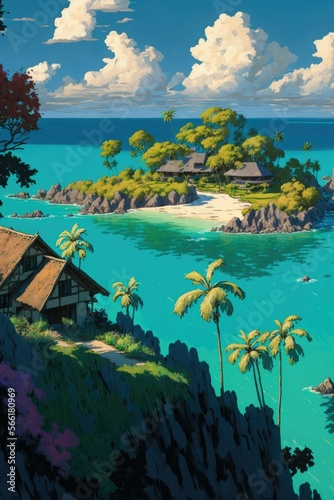 Paradise tropical island with small village and beach ,made with Generative AI