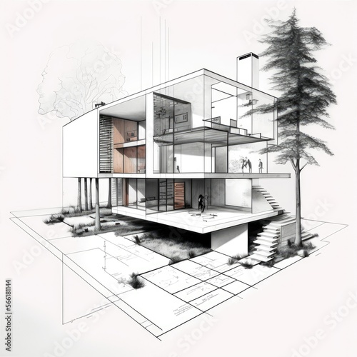 Architectural sketch of a modern house. Painting of a house sketch. Technical draw of modern two story house ,made with Generative AI