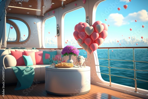 Romantic valentines day anniversary wedding dinner table decoration on the luxury yacht ,made with Generative AI