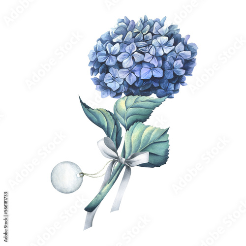 The hydrangea flower is blue with a grey satin bow and a paper tag on a rope. Watercolor illustration. Composition from the collection of WEDDING FLOWERS. For decoration and design, decor