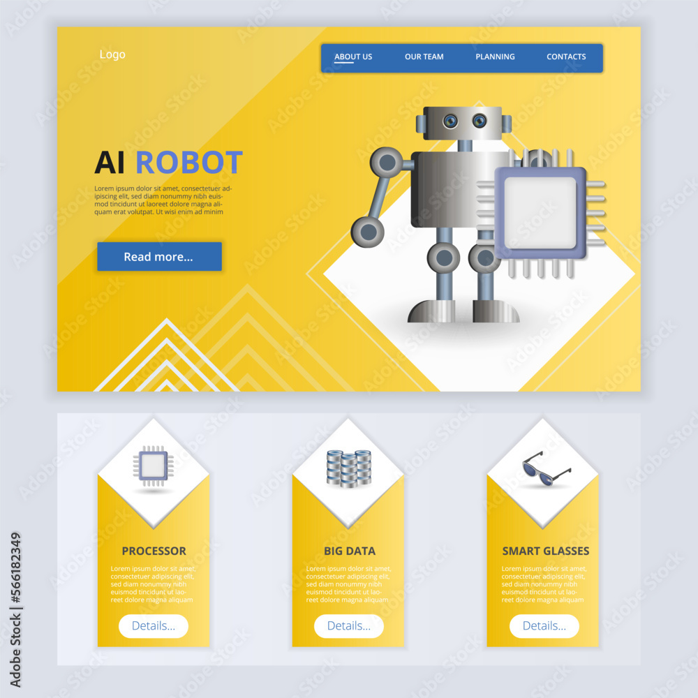 AI Robot flat landing page website template. Processor, big data, smart ...